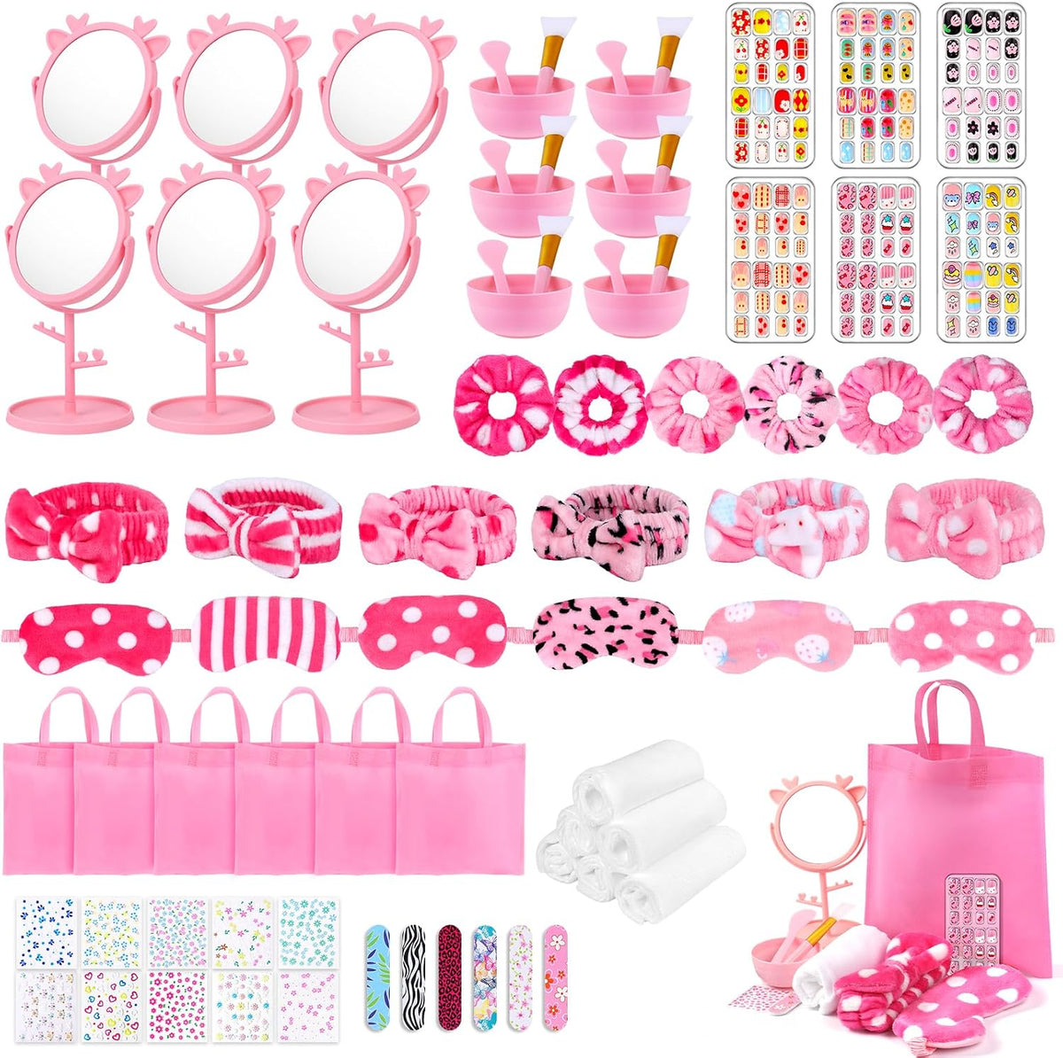 76Pcs Sleepover Party Supplies Slumber Spa Parties Kit for Girls Women, Headbands, Eye Mask, Towels, Scrunchies & Nail Supplies(Pink)