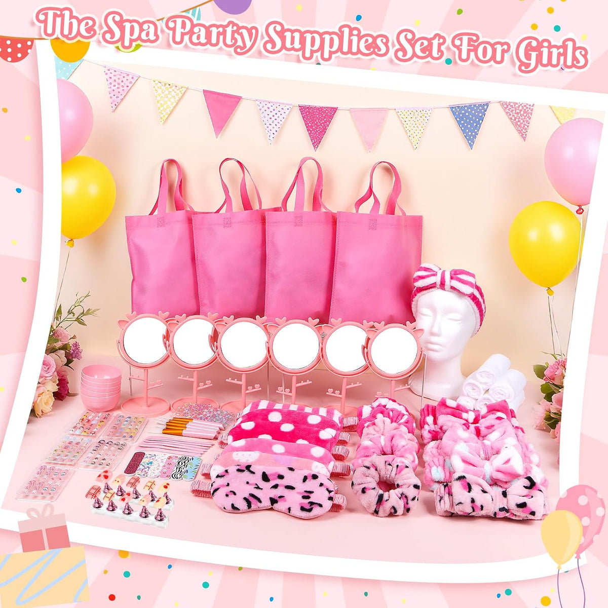 76Pcs Sleepover Party Supplies Slumber Spa Parties Kit for Girls Women, Headbands, Eye Mask, Towels, Scrunchies & Nail Supplies(Pink)