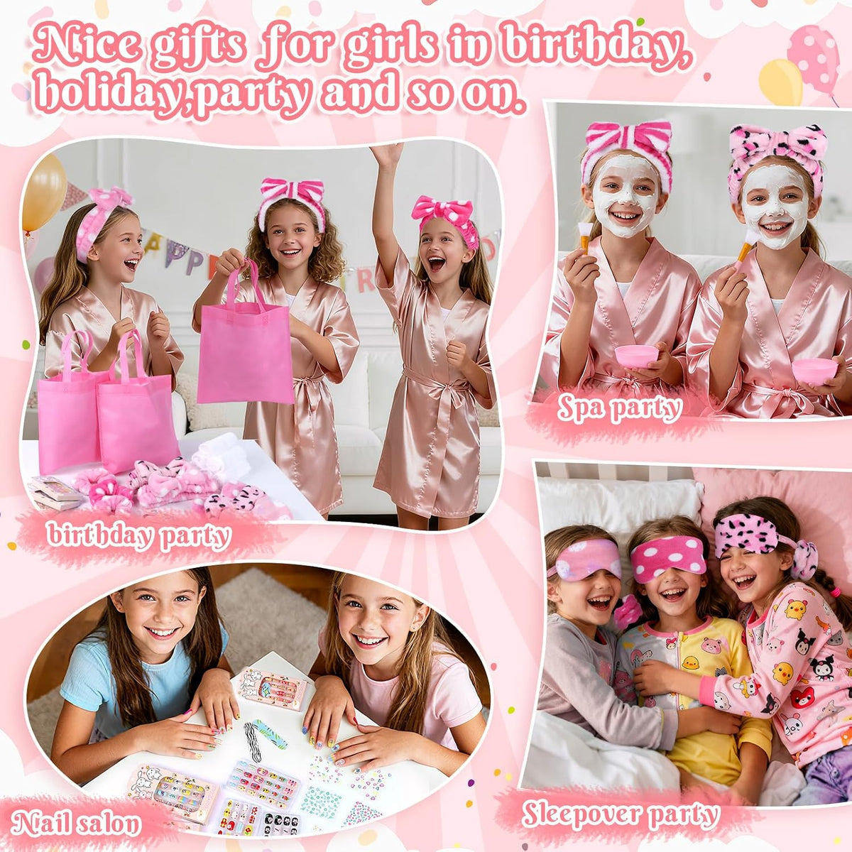 76Pcs Sleepover Party Supplies Slumber Spa Parties Kit for Girls Women, Headbands, Eye Mask, Towels, Scrunchies & Nail Supplies(Pink)