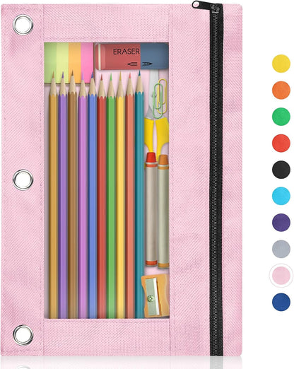 Pencil Pouch for 3 Ring Binder, Binder Pencil Pouch with Smooth Zipper, Clear Window Pencil Case for Binder, Zipper Pencil Pouches, Big Capacity 3 Ring Binder Pencil Bag, Pink