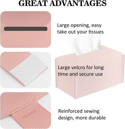 Tissue Box Cover PU Leather Tissue Holder Rectangle Facial Tissue Case Tissue Box Organizer Dispenser for Bathroom, Kitchen, Home, Office, Tabletop (SoftPink, Tall)