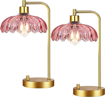 ILLMTW Pink Table Lamp Set of 2,Small Gold Bedside Lamps Dimmable Boho Bedroom Lamp with Tulip Flower Glass Lamp Shade,Vintage Mid Century Modern Mini Nightstand Lamp for Bedroom Living Room