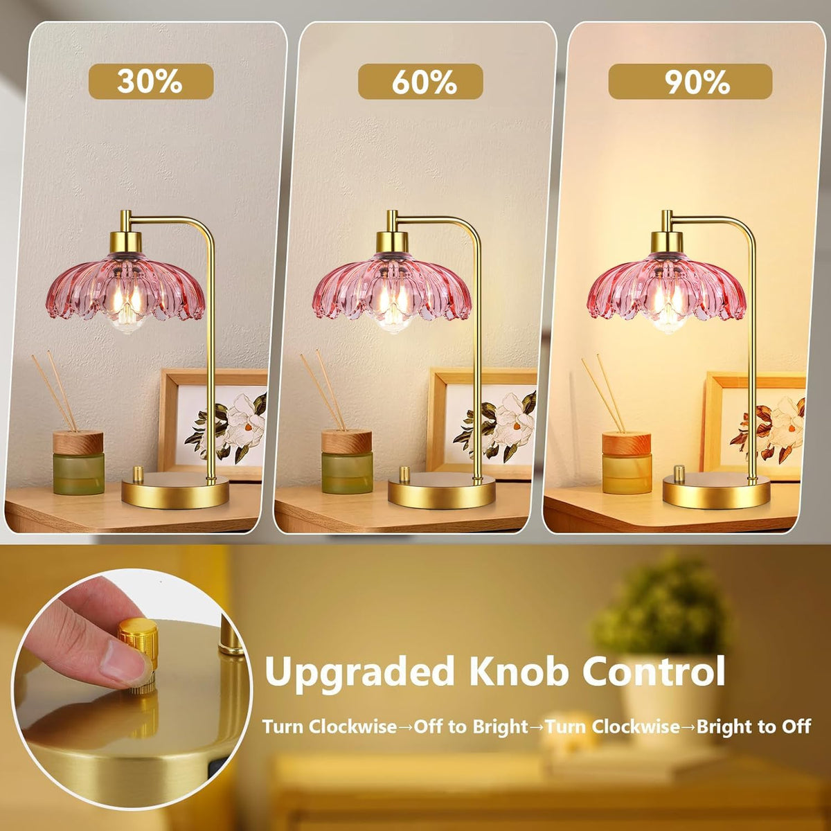 ILLMTW Pink Table Lamp Set of 2,Small Gold Bedside Lamps Dimmable Boho Bedroom Lamp with Tulip Flower Glass Lamp Shade,Vintage Mid Century Modern Mini Nightstand Lamp for Bedroom Living Room