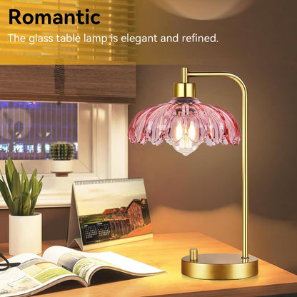 ILLMTW Pink Table Lamp Set of 2,Small Gold Bedside Lamps Dimmable Boho Bedroom Lamp with Tulip Flower Glass Lamp Shade,Vintage Mid Century Modern Mini Nightstand Lamp for Bedroom Living Room