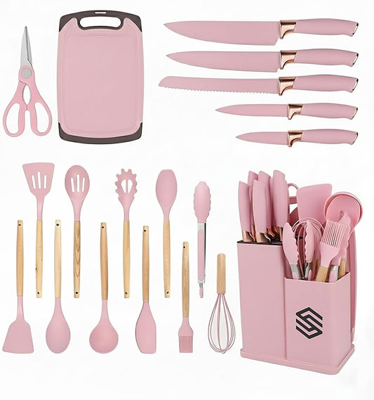 19 PCS Pink Silicone Cooking Utensils Set with Wooden Handle & Knife Set Block, Heat-Resistant Spatula, Spoon, Ladle, Whisk with Holder – BPA Free, Silicone Kitchen Utensil Set for Cooking & Baking