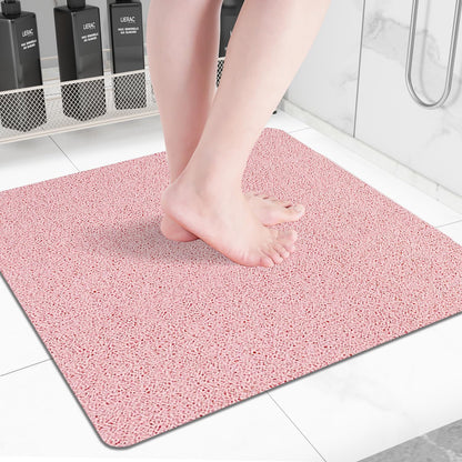 Square Non-Slip Shower Mat 24x24 Inches, Quick-Draining Bath Mat for Shower Floor, PVC Loofah Textured Shower Stall Mat, Secure Anti-Slip Bathroom Mat, Boho Style Bath Mat (Pink)