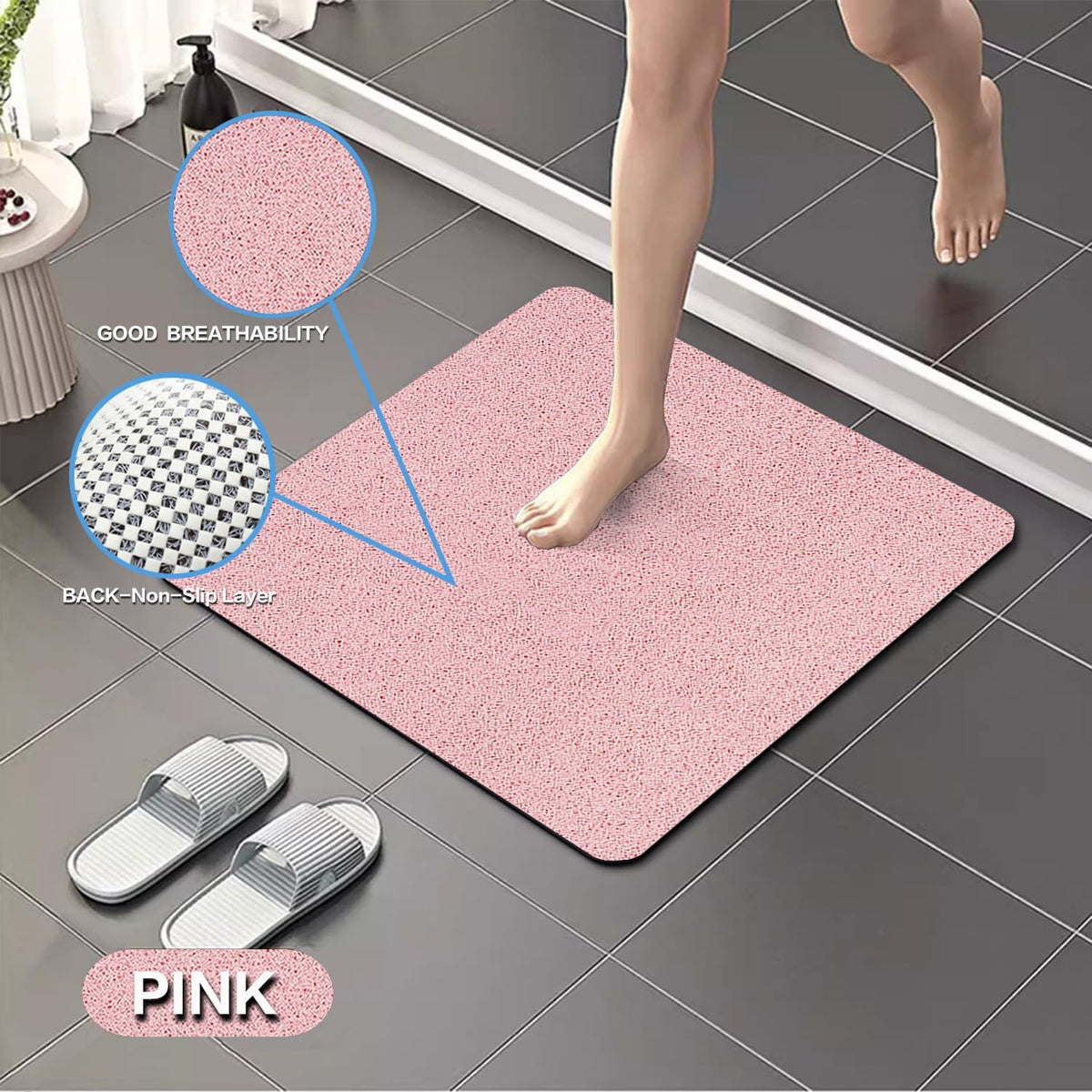 Square Non-Slip Shower Mat 24x24 Inches, Quick-Draining Bath Mat for Shower Floor, PVC Loofah Textured Shower Stall Mat, Secure Anti-Slip Bathroom Mat, Boho Style Bath Mat (Pink)