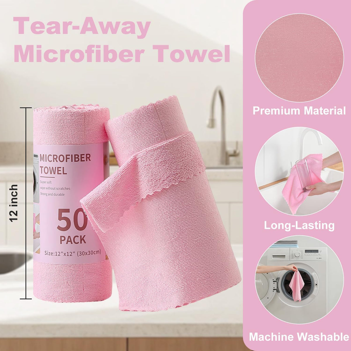 2 Roll Reusable Paper Towels,100 Sheets Tear Away Microfiber Cleaning Cloth, Lint Free Cleaning Rags for Kitchen, Dishcloth,Household Cleaning Supplies