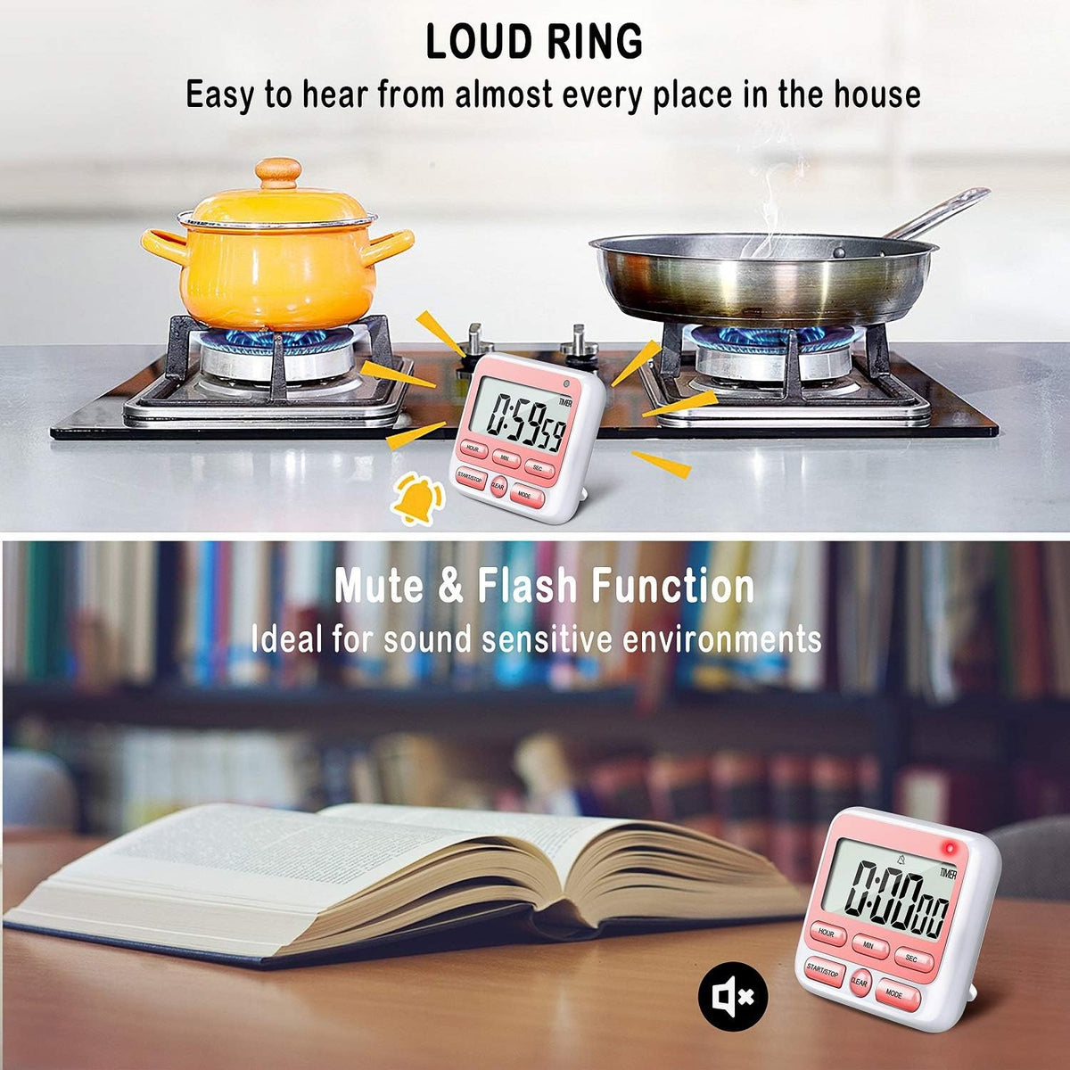 4-in-1 Digital Timer with Count Up/Down, Clock & Alarm, Ring & Silent Modes