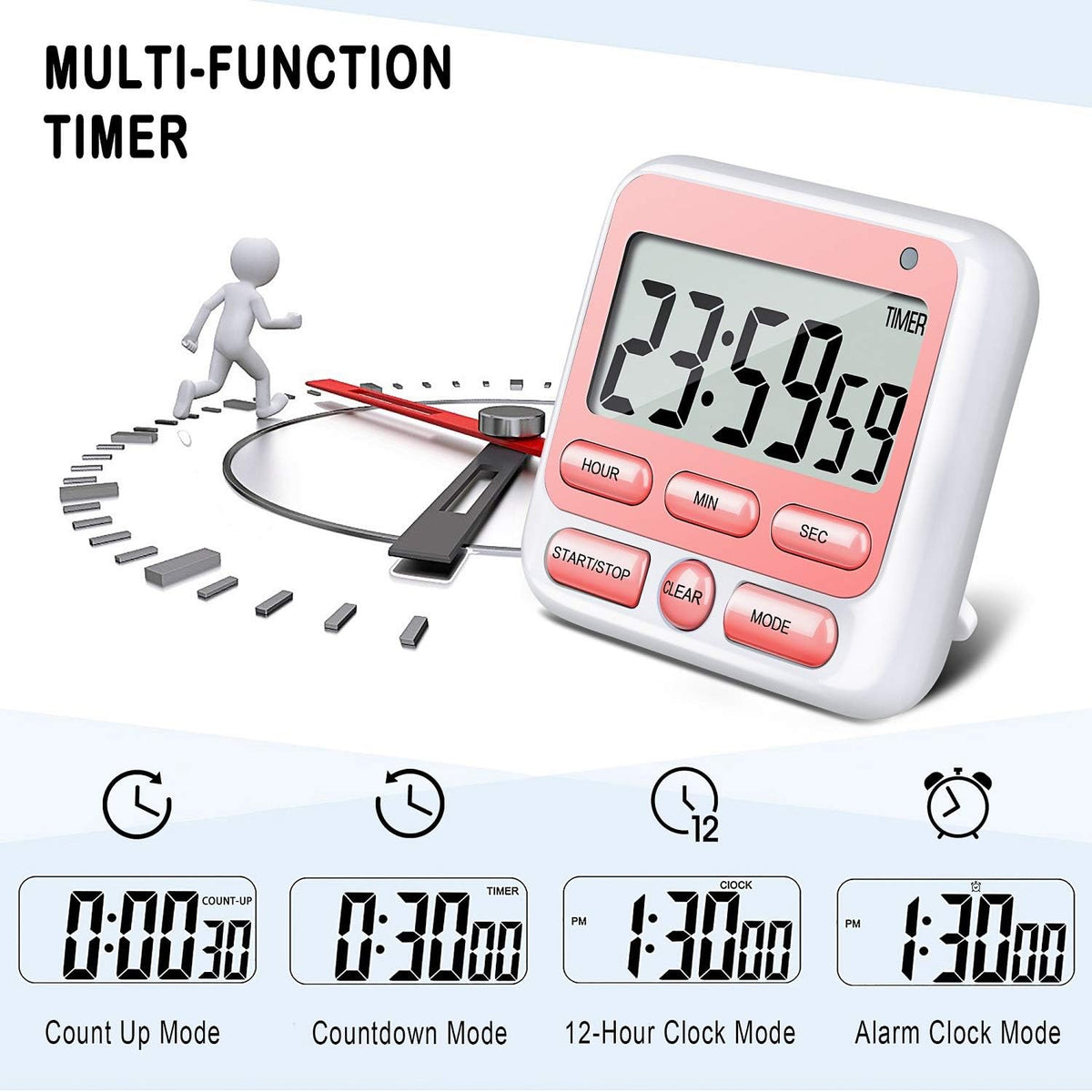 4-in-1 Digital Timer with Count Up/Down, Clock & Alarm, Ring & Silent Modes