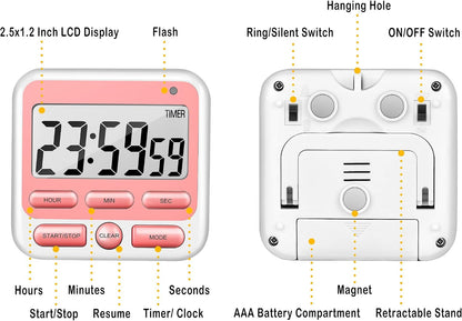 4-in-1 Digital Timer with Count Up/Down, Clock & Alarm, Ring & Silent Modes