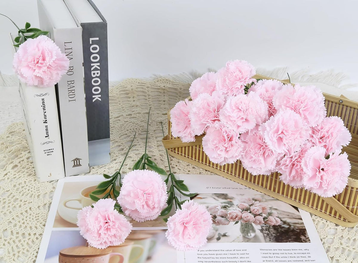 16PCS Pink Carnations Artificial Flowers 14.8'' Fake Carnation Silk Flowers with Single Stem Faux Carnations Flowers for Home Table Centerpiece Wedding Decor Floral Arrangements (Light Pink)