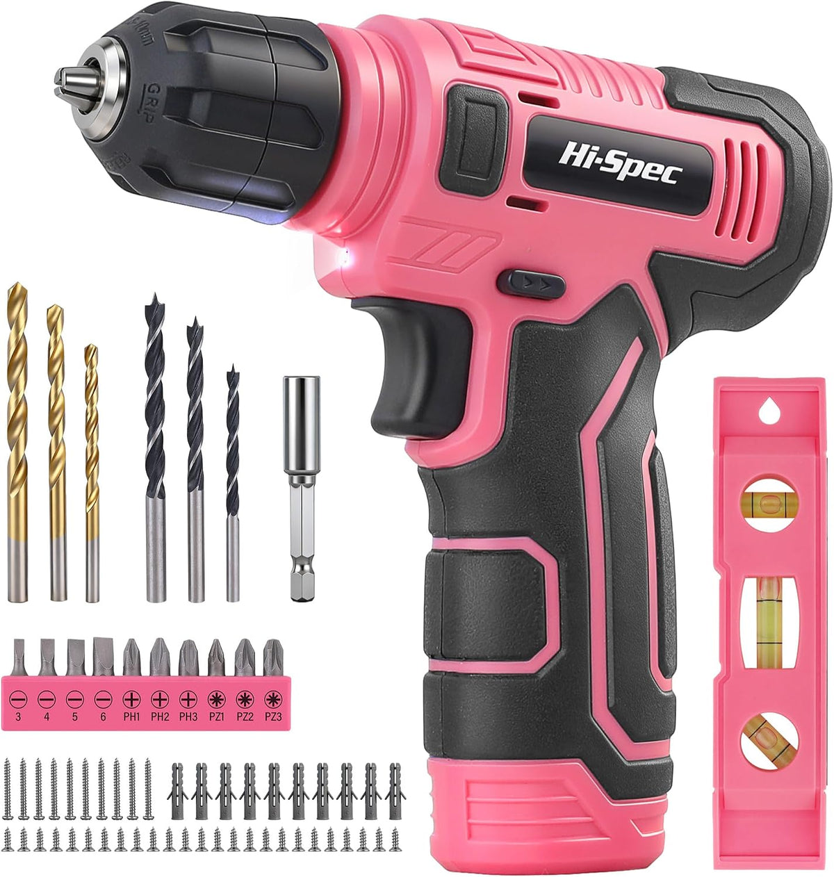 Hi-Spec 8V USB Power Drill Driver Bit Set with Hanging Kit for DIY, Pink