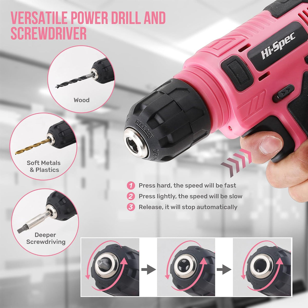Hi-Spec 8V USB Power Drill Driver Bit Set with Hanging Kit for DIY, Pink