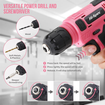 Hi-Spec 8V USB Power Drill Driver Bit Set with Hanging Kit for DIY, Pink