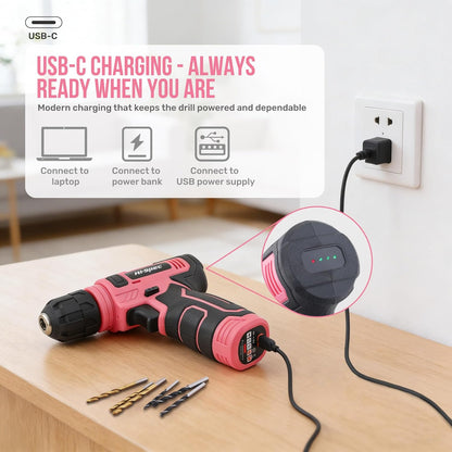 Hi-Spec 8V USB Power Drill Driver Bit Set with Hanging Kit for DIY, Pink