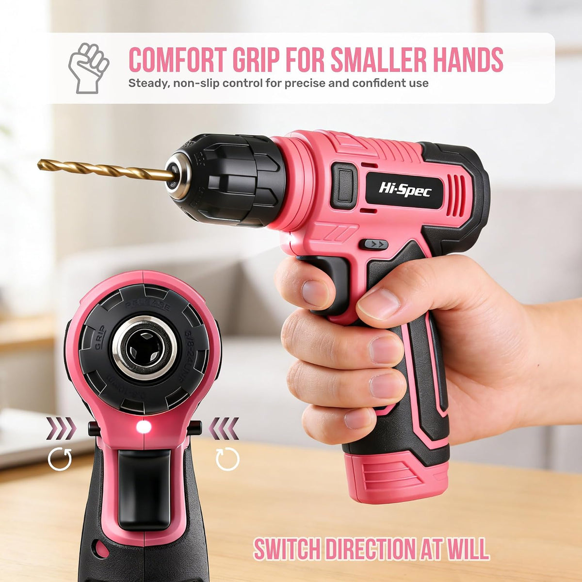 Hi-Spec 8V USB Power Drill Driver Bit Set with Hanging Kit for DIY, Pink