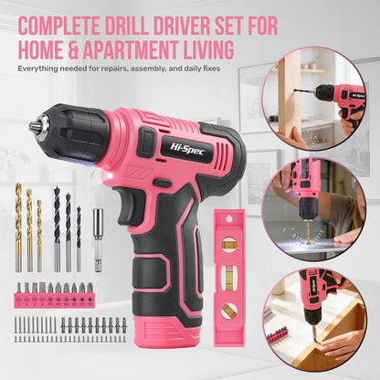 Hi-Spec 8V USB Power Drill Driver Bit Set with Hanging Kit for DIY, Pink