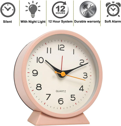 Small Antique Retro Analog Alarm Clock, 4.5" Desk Clock, Pink