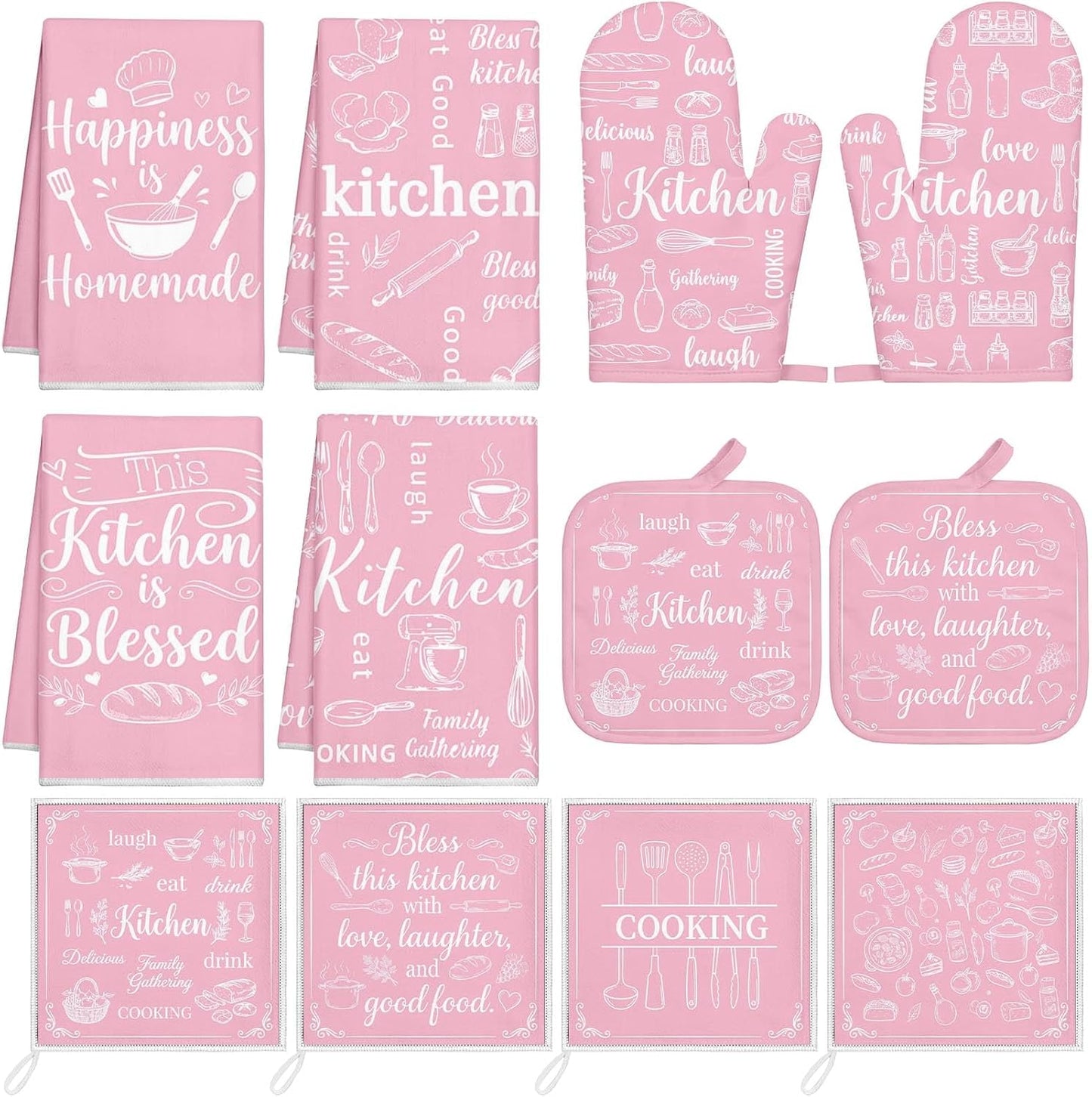 12 Pcs Pink Kitchen Decor Accessories Cute Pink Kitchen Towels Sets with Oven Mitts and Pot Holders Sweet Cute Absorbent Microfiber Dishcloths Dish Towels Set with Pot Holders for Home Decor Gift