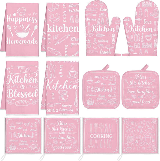 12 Pcs Pink Kitchen Decor Accessories Cute Pink Kitchen Towels Sets with Oven Mitts and Pot Holders Sweet Cute Absorbent Microfiber Dishcloths Dish Towels Set with Pot Holders for Home Decor Gift