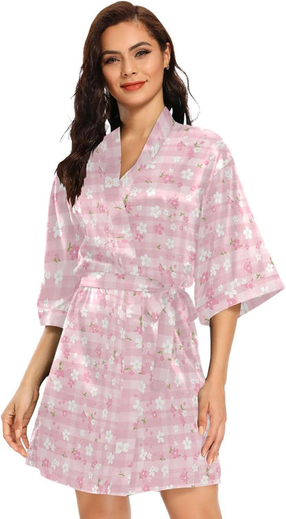 Pink White Check Women's Kimono Robes, Dressing Gown Loungewear V-Neck Bridesmaid Robe Oversized