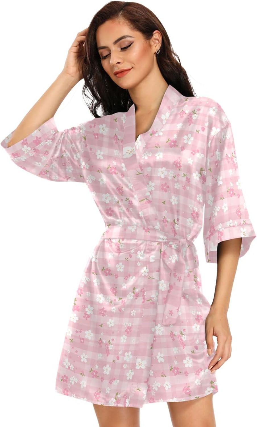 Pink White Check Women's Kimono Robes, Dressing Gown Loungewear V-Neck Bridesmaid Robe Oversized