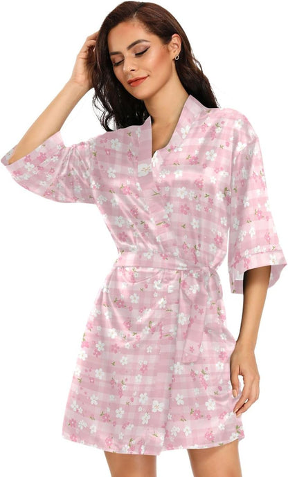 Pink White Check Women's Kimono Robes, Dressing Gown Loungewear V-Neck Bridesmaid Robe Oversized