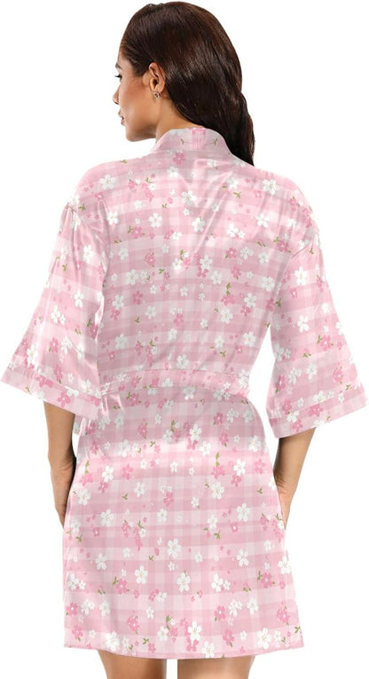 Pink White Check Women's Kimono Robes, Dressing Gown Loungewear V-Neck Bridesmaid Robe Oversized