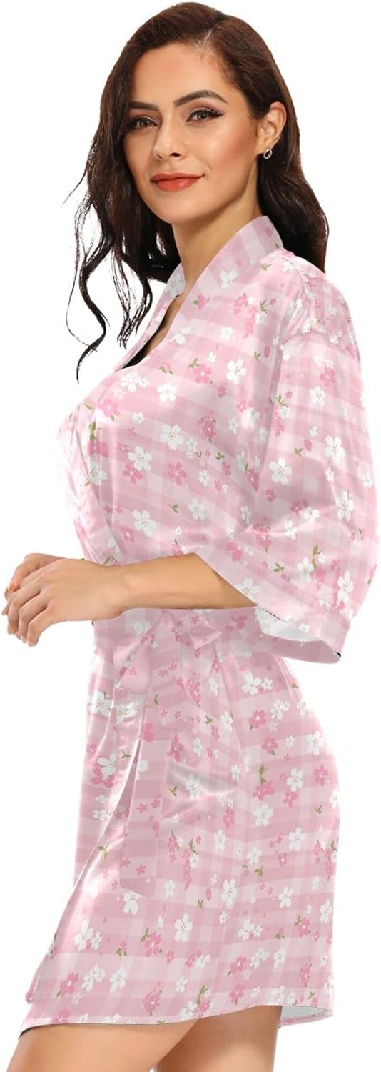 Pink White Check Women's Kimono Robes, Dressing Gown Loungewear V-Neck Bridesmaid Robe Oversized