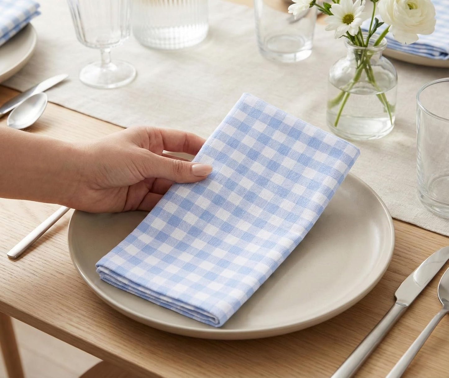 PurpleEssences Mini Gingham Check Dinner Cloth Napkin - Spring Easter Summer - Mitered Corners - 18x18 Inch - Set of 12-100% Cotton - Reusable Washable - Sky Blue and White