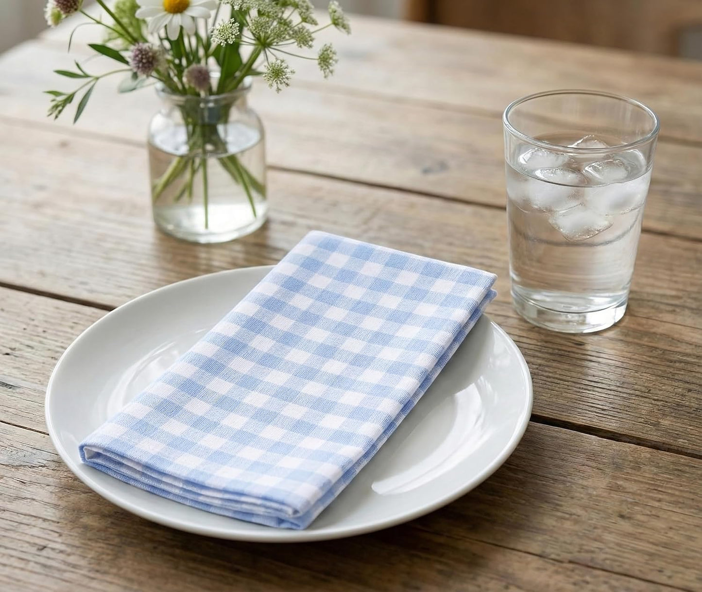 PurpleEssences Mini Gingham Check Dinner Cloth Napkin - Spring Easter Summer - Mitered Corners - 18x18 Inch - Set of 12-100% Cotton - Reusable Washable - Sky Blue and White