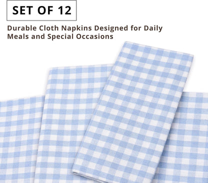 PurpleEssences Mini Gingham Check Dinner Cloth Napkin - Spring Easter Summer - Mitered Corners - 18x18 Inch - Set of 12-100% Cotton - Reusable Washable - Sky Blue and White
