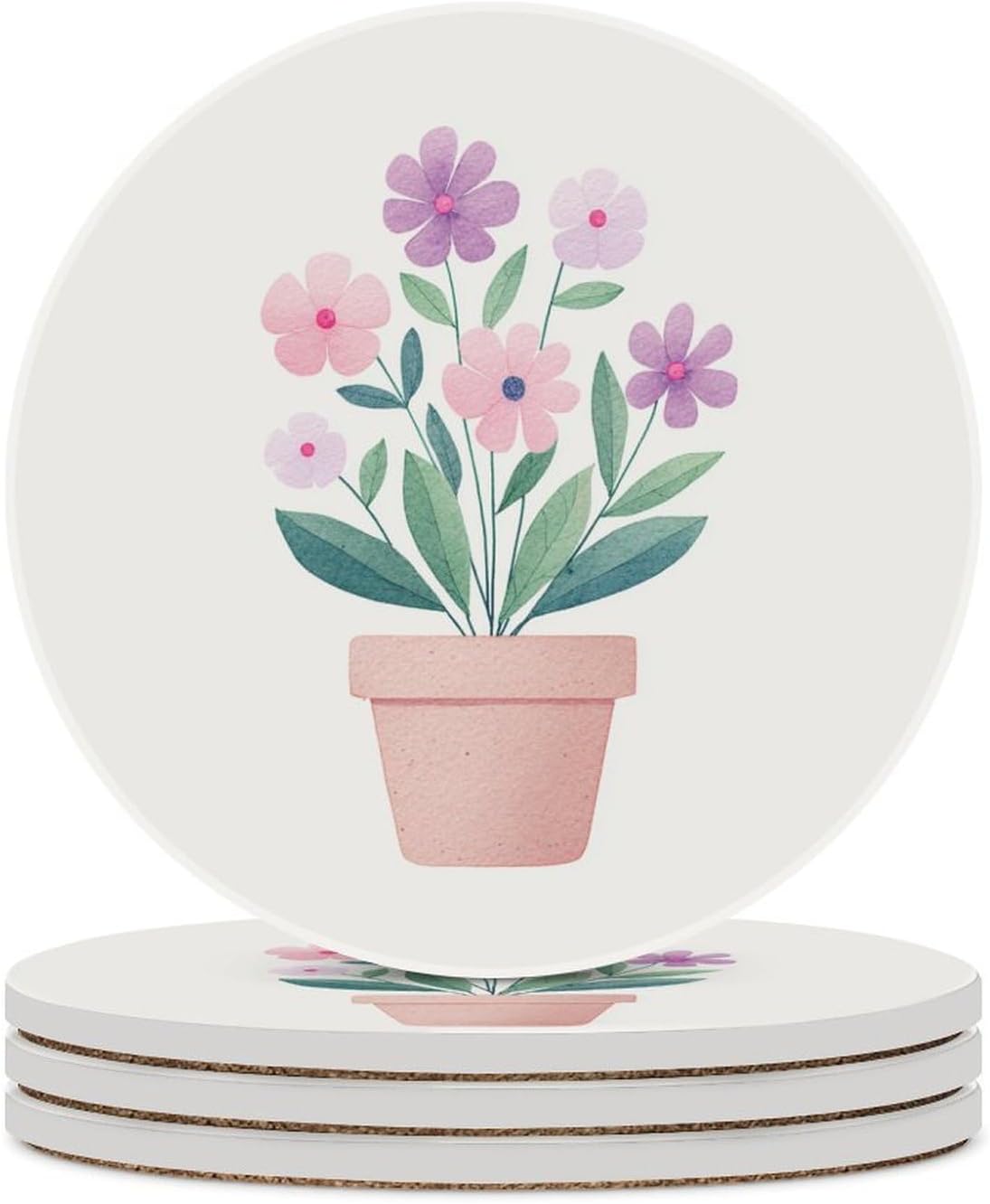 Watercolor Flower Pot in Light Pink Purple Coasters Set of 4 Absorbent Coasters