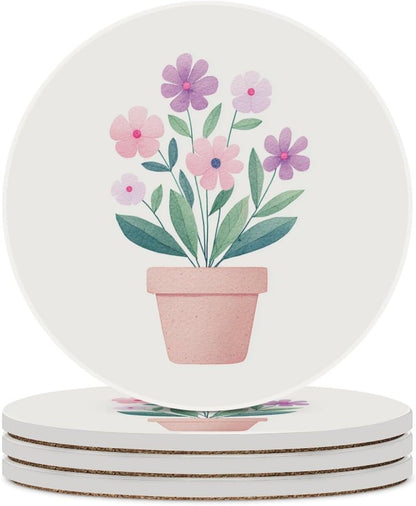 Watercolor Flower Pot in Light Pink Purple Coasters Set of 4 Absorbent Coasters