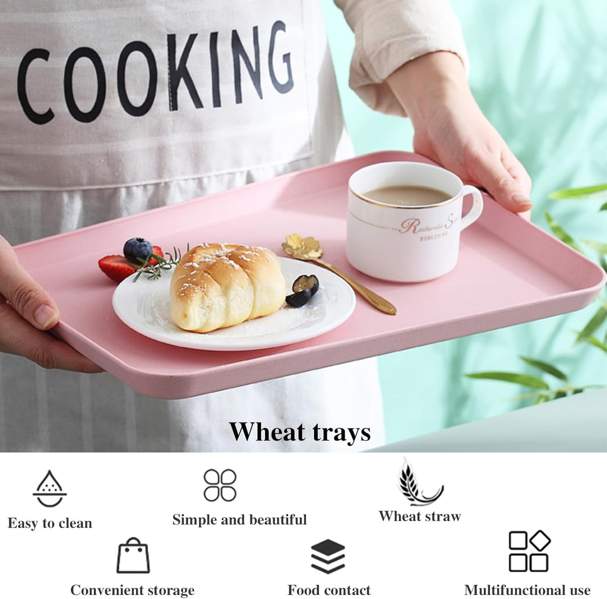 Fast Food Trays 10x14 Wheat Straw, Rectangular Serving Platter, Lunch Dinner Tray, Cafeteria Trays for Appetizer Snack Cafe Tea Outdoor Party, Dishwasher Safe (Pink)