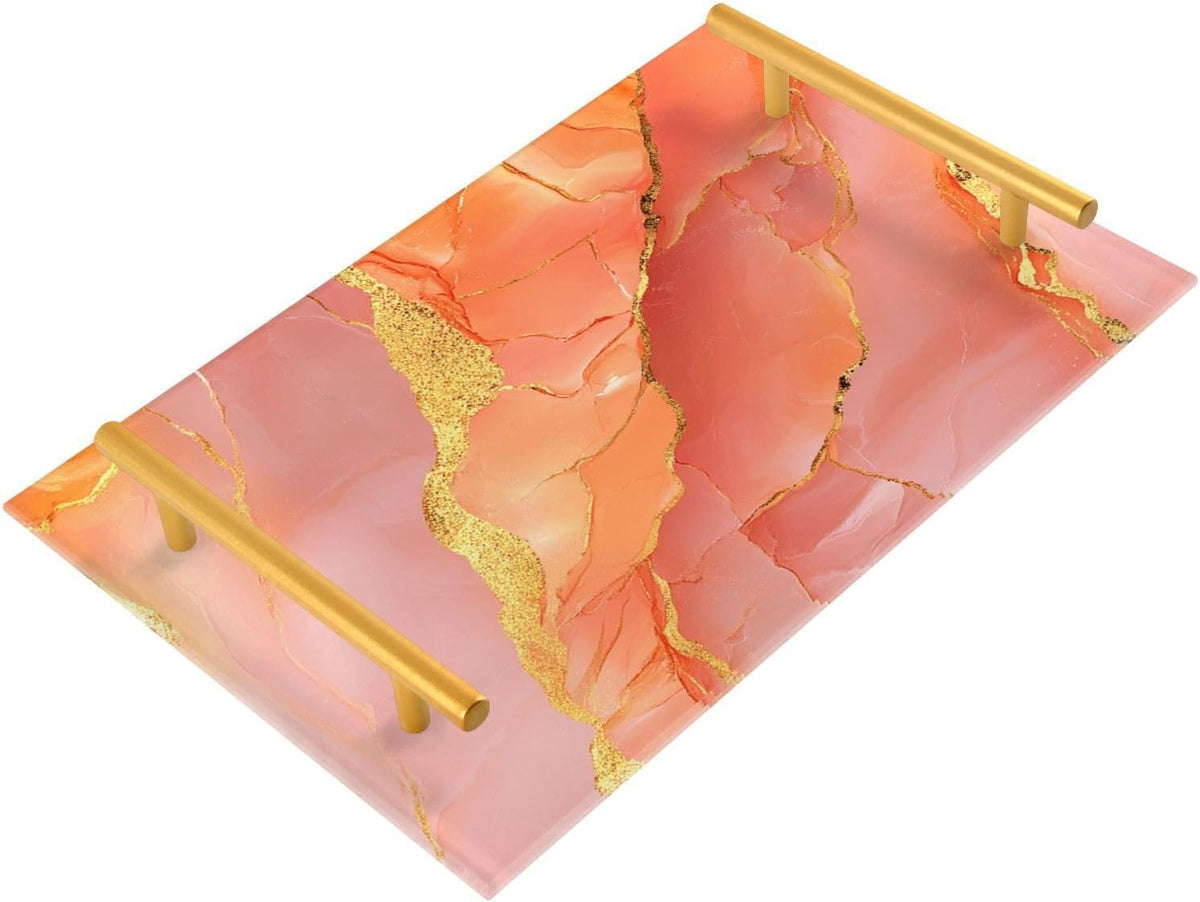 Marble Peach Gold Decorative Tray with Handles with Handles Food Trays for Eating for Jewelry Perfume for Food Service bandeja decorativa para perfumes