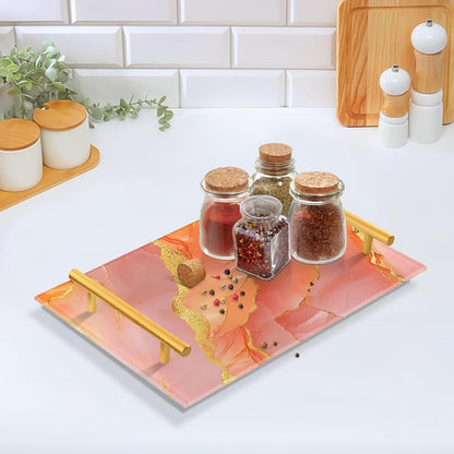 Marble Peach Gold Decorative Tray with Handles with Handles Food Trays for Eating for Jewelry Perfume for Food Service bandeja decorativa para perfumes