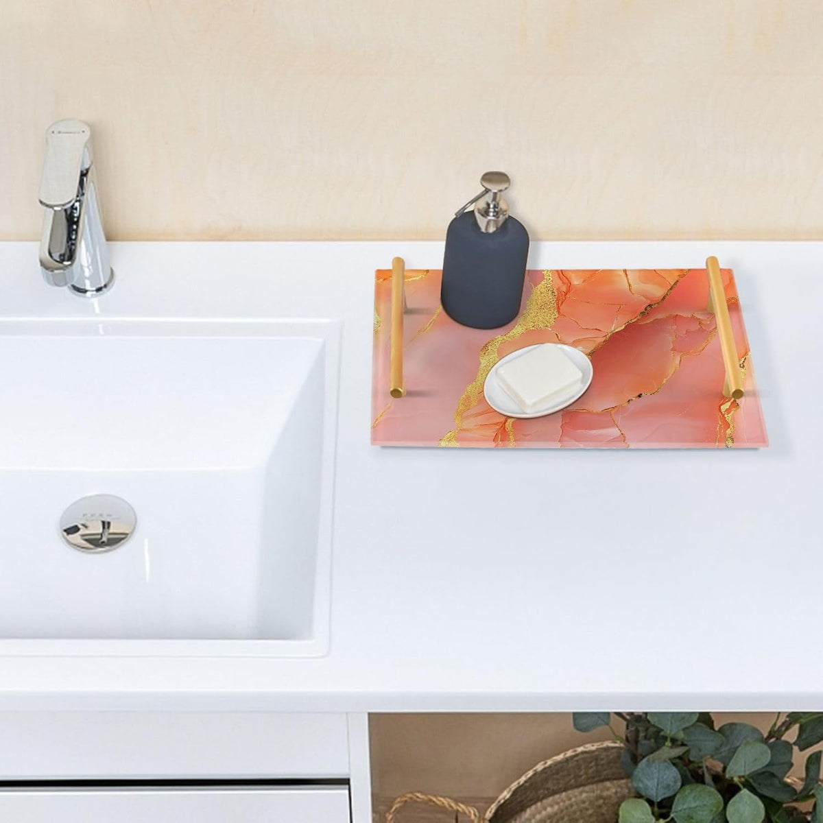 Marble Peach Gold Decorative Tray with Handles with Handles Food Trays for Eating for Jewelry Perfume for Food Service bandeja decorativa para perfumes