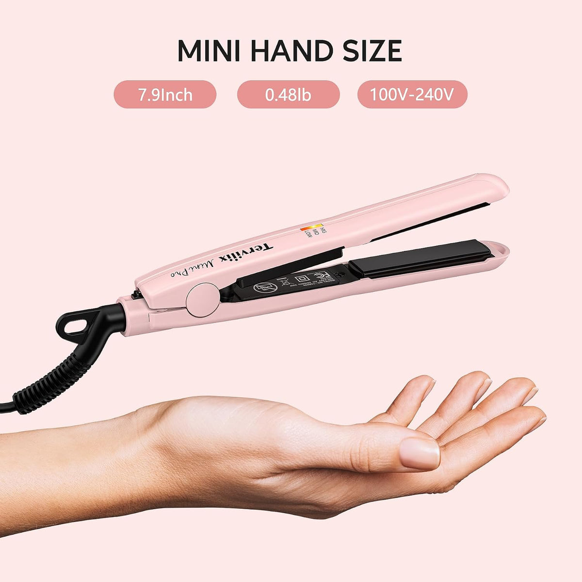 Mini Flat Iron Hair Straightener, Adjustable Temperature, Travel-Size, 1/2" Ceramic Plates, Dual Voltage, Auto-Off, Pink
