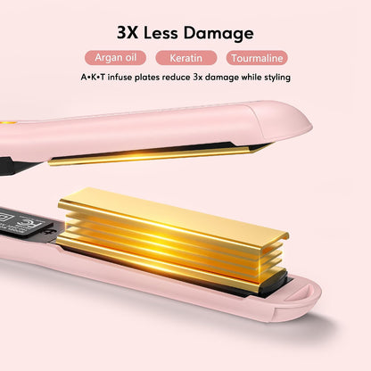 Mini Flat Iron Hair Straightener, Adjustable Temperature, Travel-Size, 1/2" Ceramic Plates, Dual Voltage, Auto-Off, Pink