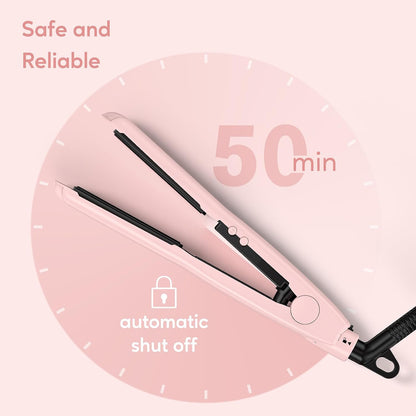 Mini Flat Iron Hair Straightener, Adjustable Temperature, Travel-Size, 1/2" Ceramic Plates, Dual Voltage, Auto-Off, Pink