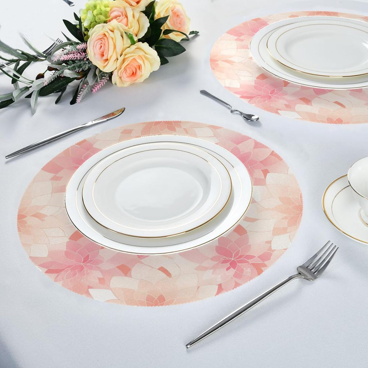 Rosette Floral Pattern Peach Gold Round placemats Reusable placemat Toddler placemats for Dining Table placemats Waterproof Round Christmas placemats Set of 6 15.4x15.4in