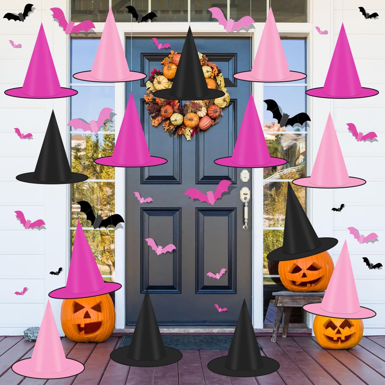 Halloween Witch Hats,Black and Pink Hanging Hats and Bats Porch Yard Decor