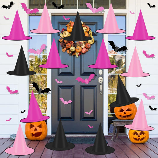 Halloween Witch Hats,Black and Pink Hanging Hats and Bats Porch Yard Decor