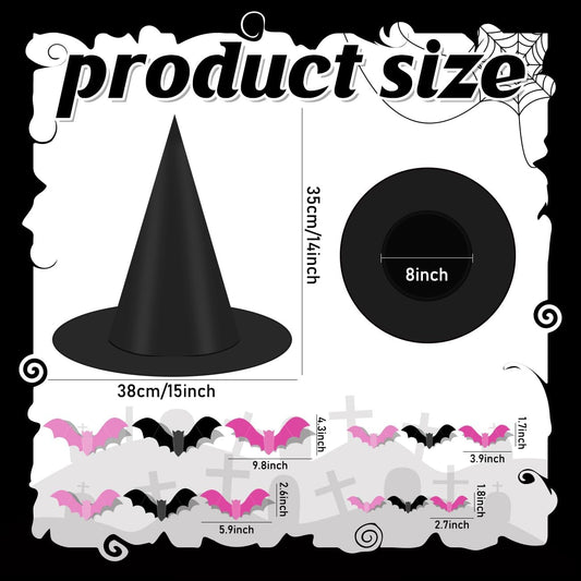 Halloween Witch Hats,Black and Pink Hanging Hats and Bats Porch Yard Decor