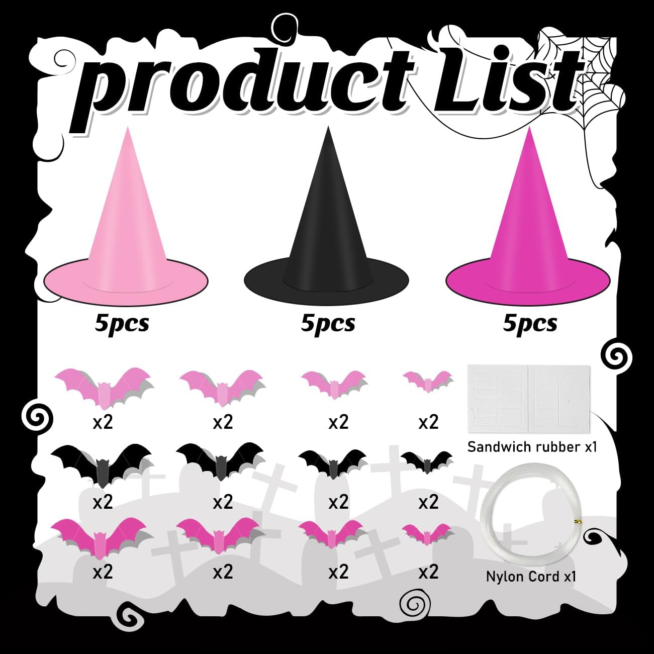 Halloween Witch Hats,Black and Pink Hanging Hats and Bats Porch Yard Decor