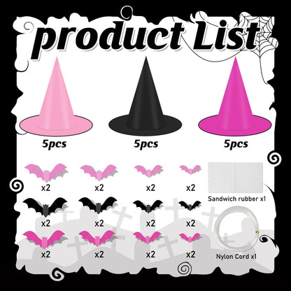 Halloween Witch Hats,Black and Pink Hanging Hats and Bats Porch Yard Decor