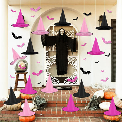 Halloween Witch Hats,Black and Pink Hanging Hats and Bats Porch Yard Decor