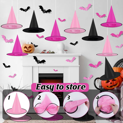 Halloween Witch Hats,Black and Pink Hanging Hats and Bats Porch Yard Decor
